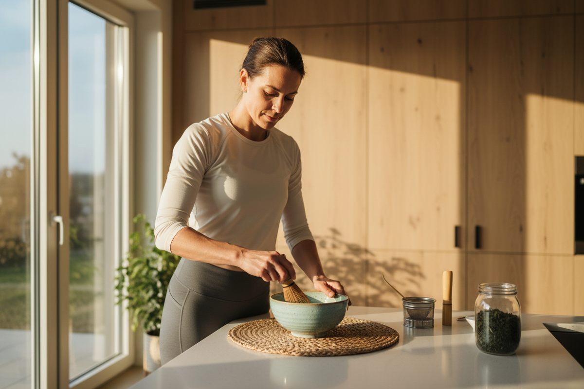 A premium lifestyle shot of a young professional in activewear preparing matcha in a sunlit, minimalist kitchen. Morning golden hour lighting. The person is whisking matcha in a ceramic bowl with a bamboo whisk, looking peaceful and focused. Clean countertop with a few matcha accessories visible. Warm, aspirational, and authentic. Photorealistic with shallow depth of field and natural color grading.